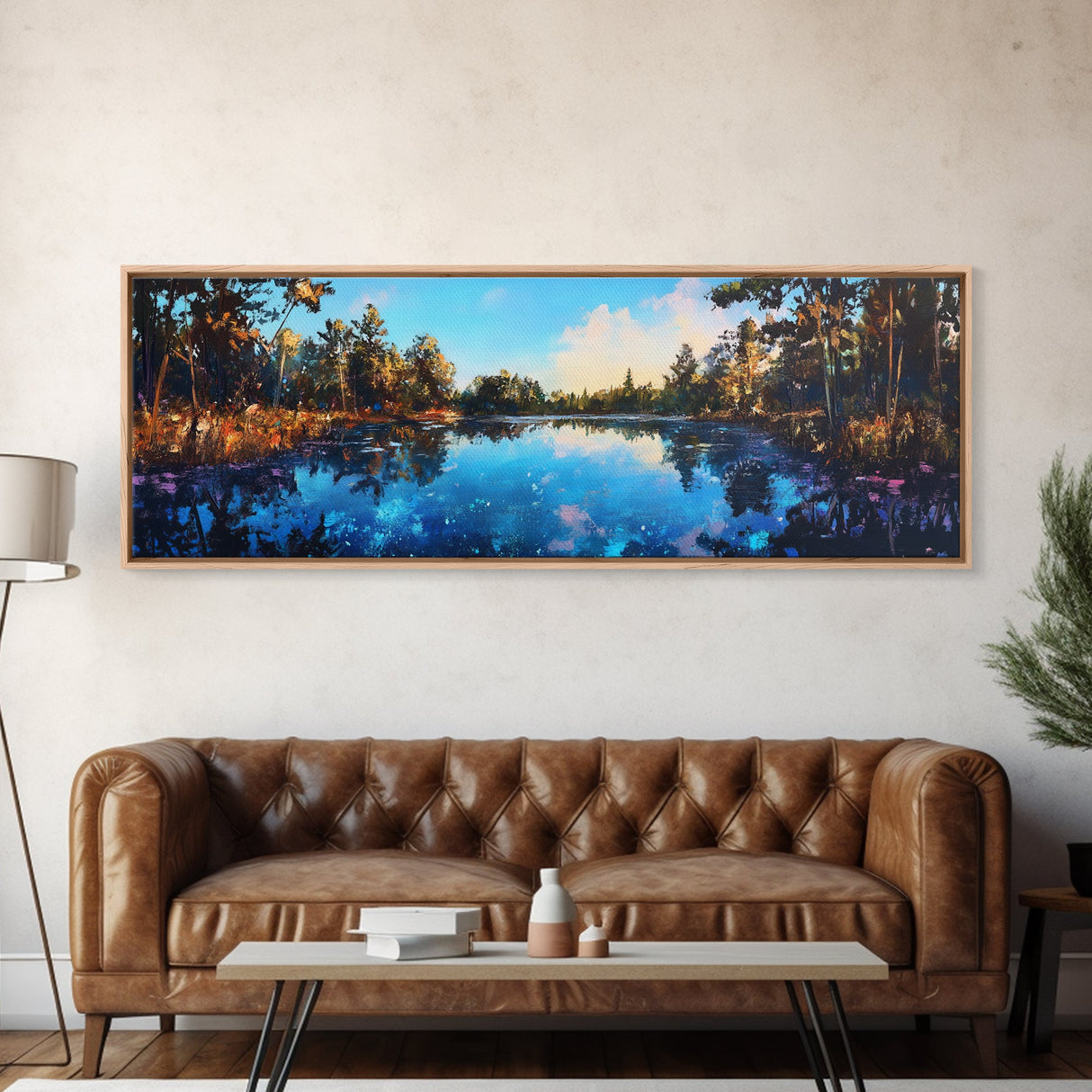 Tranquil Lake Reflection Framed Canvas Print - Nature Landscape Wall Art, Living Room Decor, Serene Water Painting, Cabin Wall Art