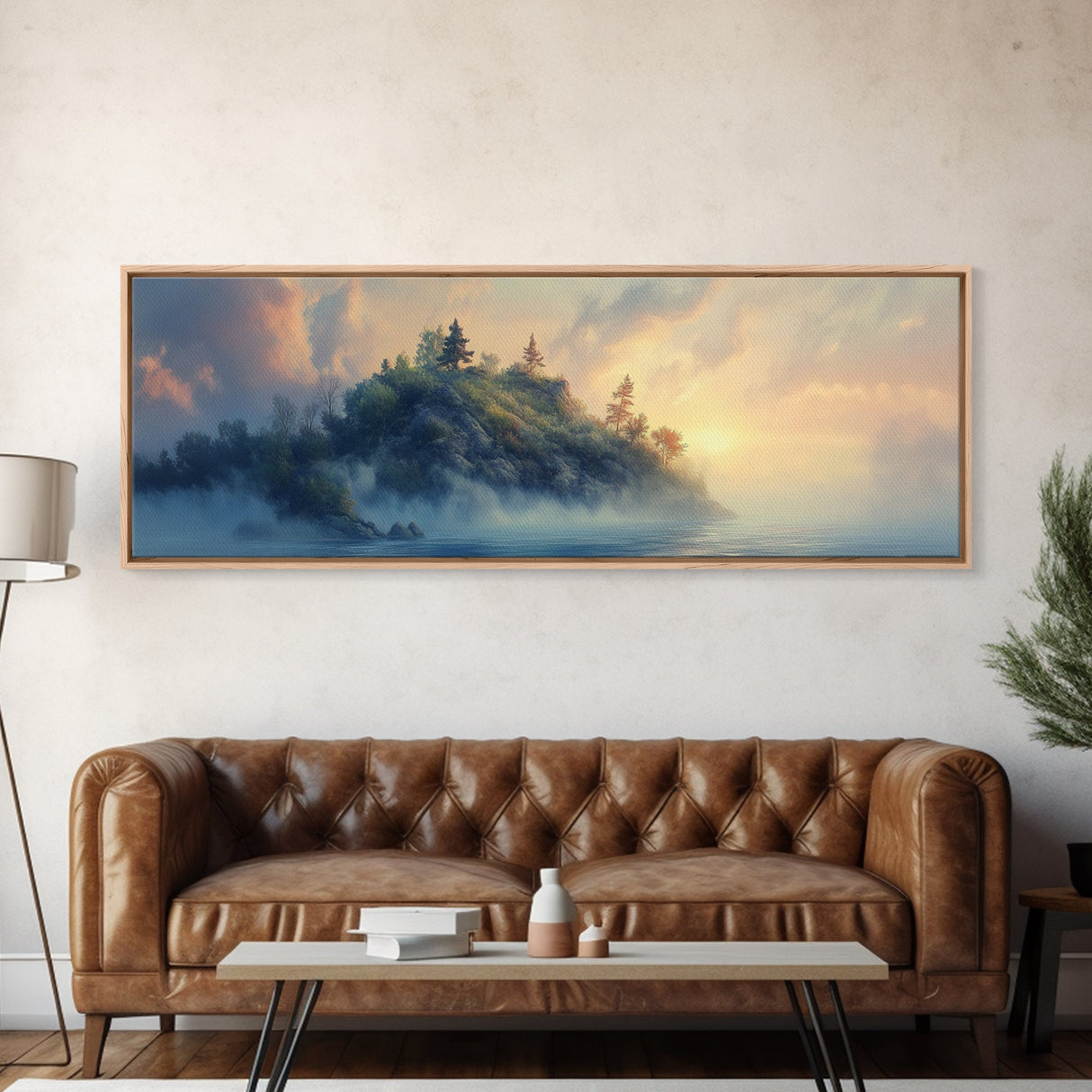 Misty Island Sunrise Canvas Print - Scenic Landscape Wall Art, Living Room Decor, Soft Light Artwork, Serene Home Office Art