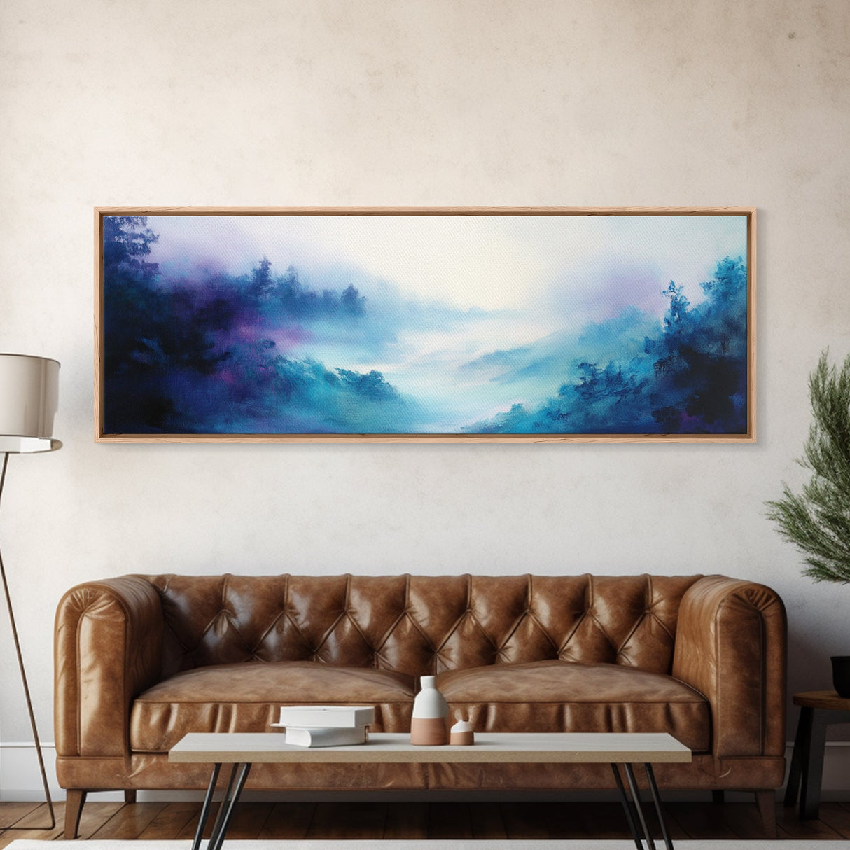Ethereal Foggy Forest Framed Canvas Print - Mystical Landscape Wall Art, Blue and Purple Nature Decor, Living Room Art
