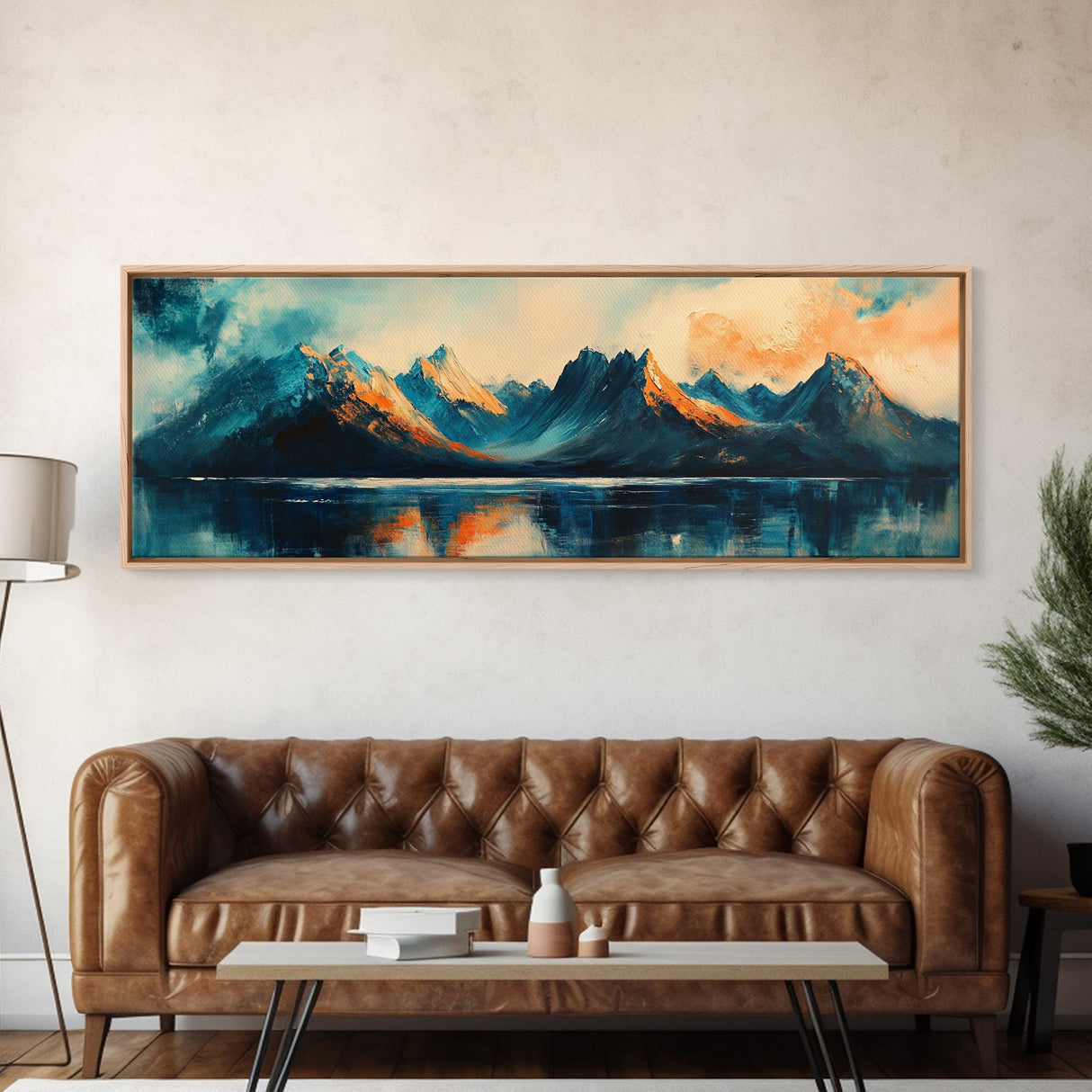 Majestic Mountains Framed Canvas Print Scenic Landscape Art, Blue and Gold Mountain Painting, Nature Wall Decor, Bedroom Wall Art