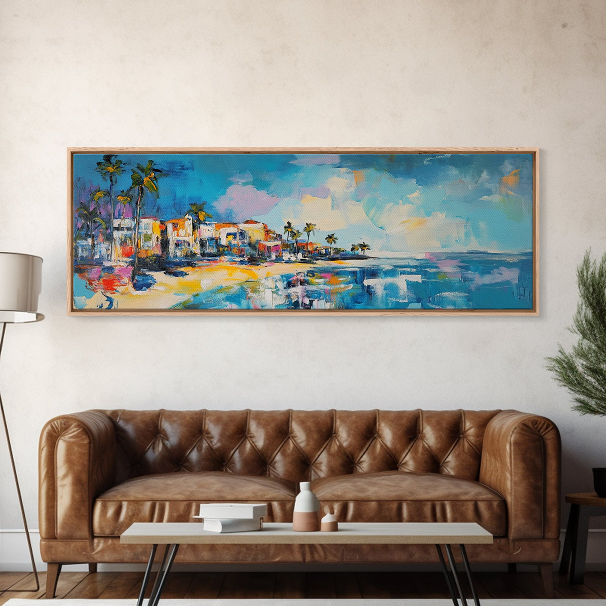 Tropical Beach Houses Framed Canvas Print Coastal Wall Art Vibrant Colorful Painting Modern Decor Large Art Living Room Office Art