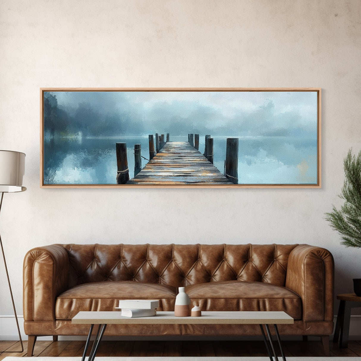 Misty Dock Landscape Framed Canvas Print Tranquil Lake Painting Minimalist Nature Art Calm Water Foggy Morning Bedroom Wall Art