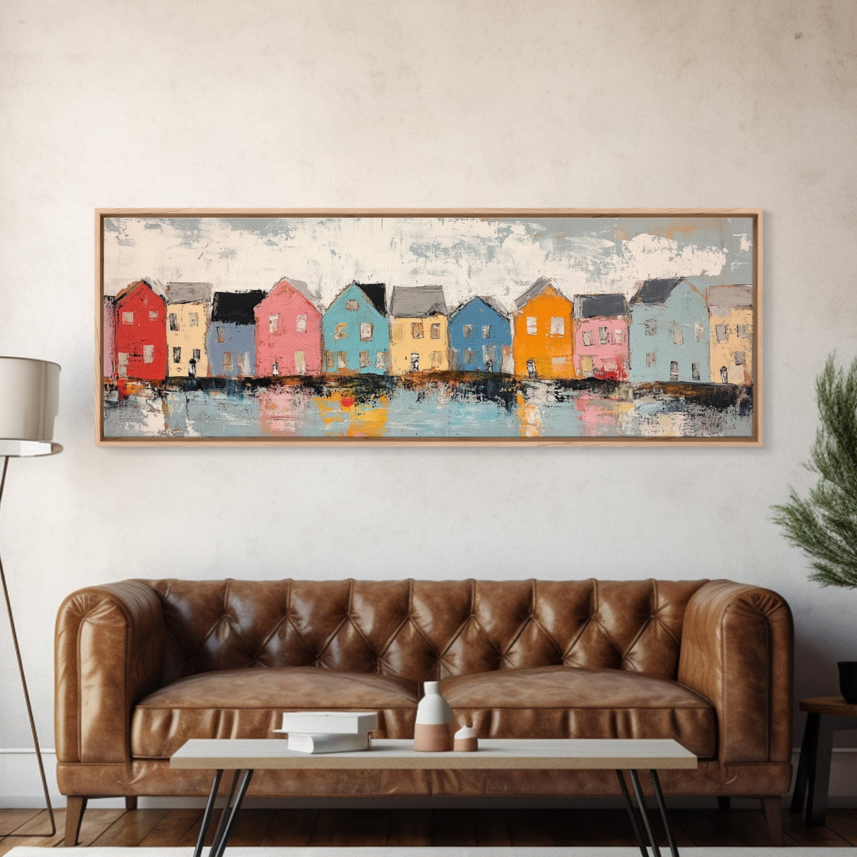 Coastal Village Houses Framed Canvas Print Colorful Seaside Town Painting Rustic Home Wall Art Nautical Decor Large Wall Art