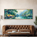 Mountain Lake View Canvas Print, Serene Landscape Painting, Green Nature Wall Art, Living Room Decor, Rustic Cabin Artwork, Gift Idea