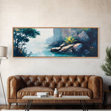 Misty Canyon River Framed Canvas Print, Serene Landscape Painting, Tranquil Nature Art, Zen Wall Decor, Bedroom Relaxation Artwork