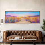 Serene Desert Sunset Path Framed Canvas Print, Southwestern Landscape Wall Art, Warm Earthy Tones, Nature Decor, Living Room Art