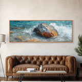 Ocean Rock Waves Framed Canvas Print Coastal Nature Wall Art, Beach Landscape Painting, Rustic Seascape Decor, Home Accent