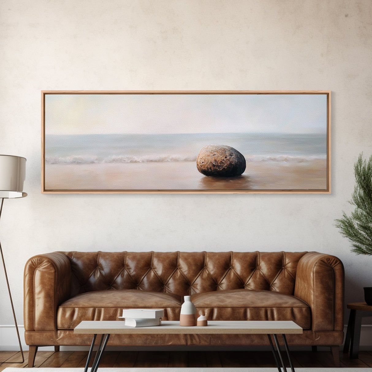 Tranquil Beach Rock Canvas Print Minimalist Wall Art Coastal Zen Painting Neutral Living Room Wall Art Serene Ocean Decor