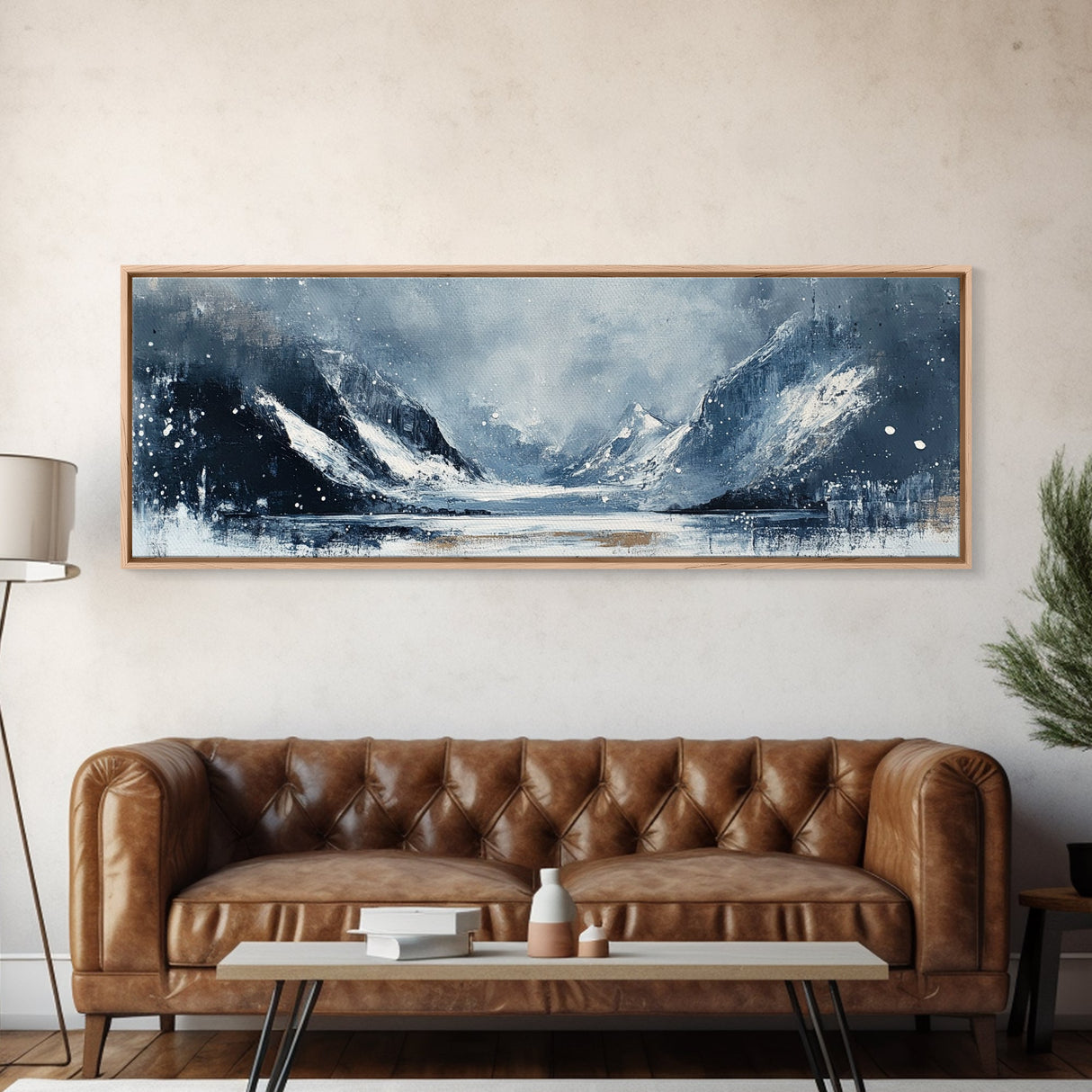Moody Winter Mountains Framed Canvas Print Dark Landscape Painting Snowy Peaks Rustic Cabin Wall Art Lodge Decor Adventure Gift