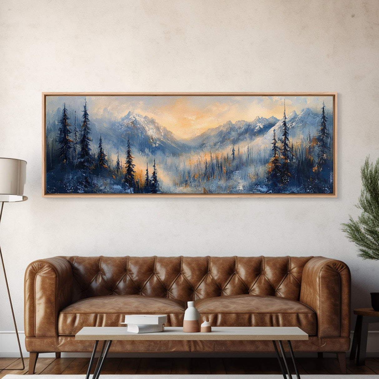 Misty Forest Sunrise Canvas Print Mountain Landscape Painting Nature Inspired Rustic Wall Art Cozy Living Room Decor Fall Aesthetic