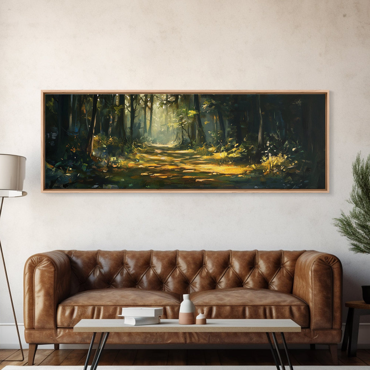 Forest Path, Sunlit Woodland Wall Art, Nature Escape Painting, Cabin Decor, Framed Canvas Print, Outdoor Lover Gift, Entryway Art