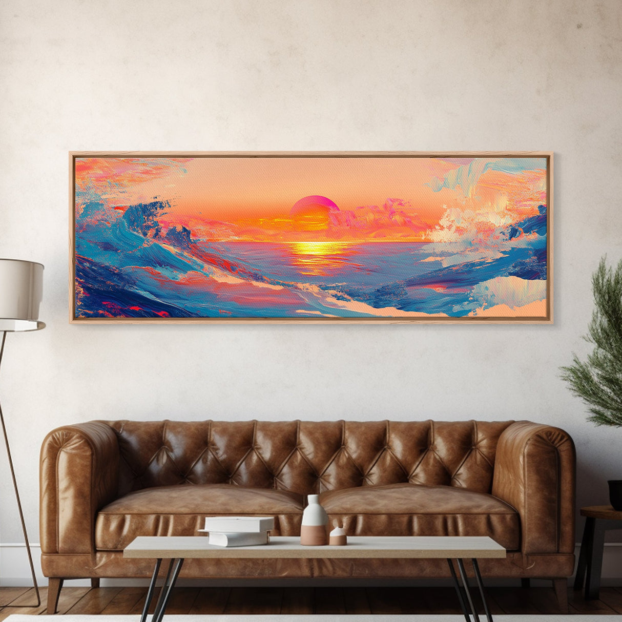 Sunset Glow, Scenic Ocean Painting, Warm Beach Art, Coastal Decor, Framed Canvas Print, Living Room Artwork, Ocean Lover Gift