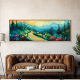 Forest Trail, Scenic Landscape Art, Green Nature Painting, Serene Hiking Scene, Cabin Wall Decor, Home Print, Framed Canvas Print