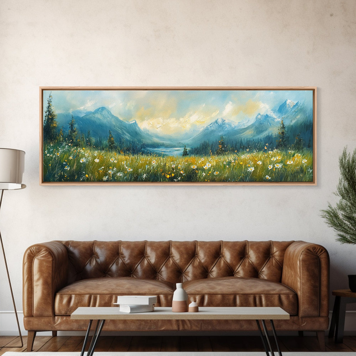 Mountain Lake Meadow Painting, Serene Nature Landscape, Cozy Cabin Art, Blue and Green Rustic Bedroom Wall Decor, Framed Canvas Print
