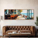 Coastal Beach Bar Framed Canvas Print Modern Seaside Cafe Painting, Coastal Kitchen Wall Art, Tropical Decor, Ocean View Artwork