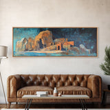 Ancient Ruins Canvas Print Rustic Landscape Wall Art, Mediterranean Decor, Boho Earthy Art, Dark Blue and Orange, Living Room Artwork