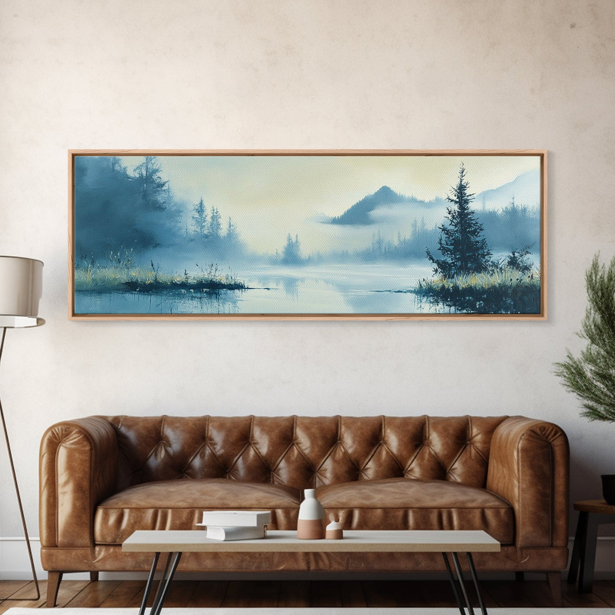 Foggy Mountain Lake Framed Canvas Print Tranquil Nature Wall Art, Misty Forest Landscape, Cool Blue Artwork, Cabin or Office Decor