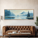 Foggy Mountain Lake Framed Canvas Print Tranquil Nature Wall Art, Misty Forest Landscape, Cool Blue Artwork, Cabin or Office Decor