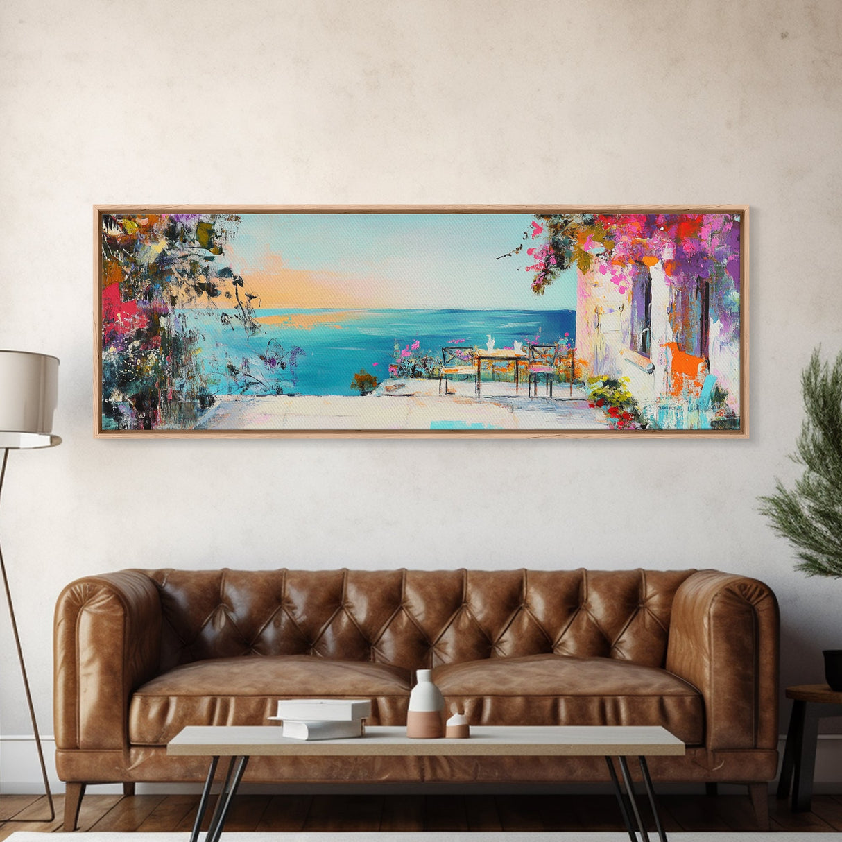 Mediterranean Patio Framed Canvas Print, Coastal Landscape Wall Art, Romantic Seaside Painting, Dining Room Decor, Boho Art