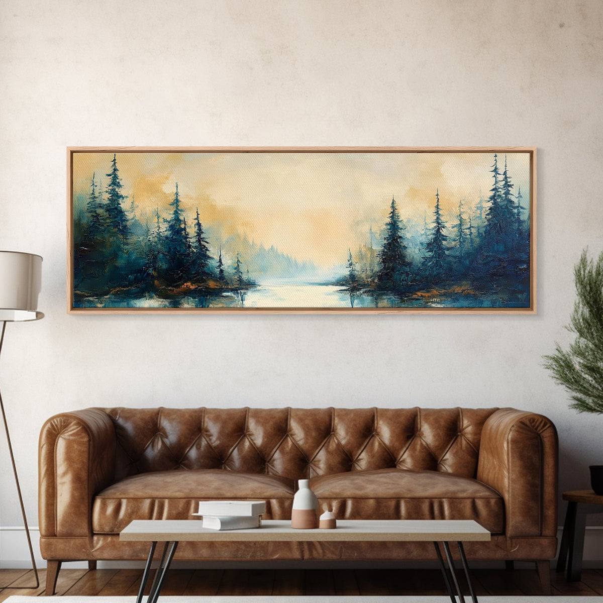 Misty Forest Landscape Wall Art, Blue and Gold Nature Painting, Rustic Cabin Decor, Cozy Woodland Art, Fall Living Room Artwork
