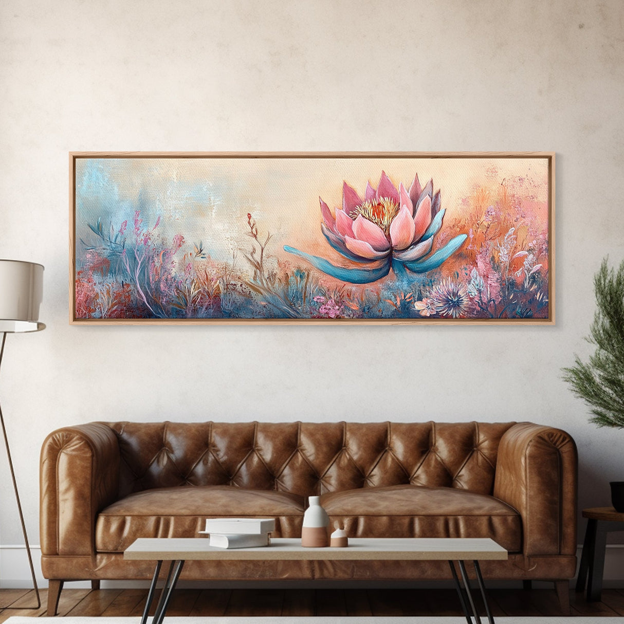 Print Blooming Lotus Flower Wall Art, Boho Floral Artwork, Feminine Botanical Decor, Bedroom Art, Pink and Blue Painting
