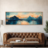 Mountain Reflections at Sunset Wall Art, Abstract Landscape Painting, Blue and Orange Artwork, Statement Piece, Office
