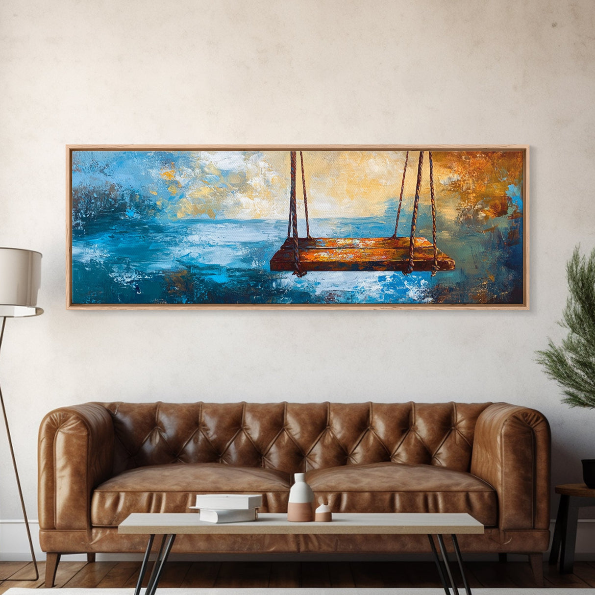 Rustic Wooden Swing by the Ocean, Serene Beach Wall Art, Tranquil Coastal Decor, Dreamy Blue and Gold Painting, Bedroom Artwork