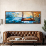 Rustic Wooden Swing by the Ocean, Serene Beach Wall Art, Tranquil Coastal Decor, Dreamy Blue and Gold Painting, Bedroom Artwork