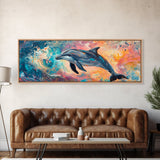 Playful Dolphin in Ocean Waves, Colorful Abstract Sea Life Art, Vibrant Marine Animal Painting, Coastal Home Decor
