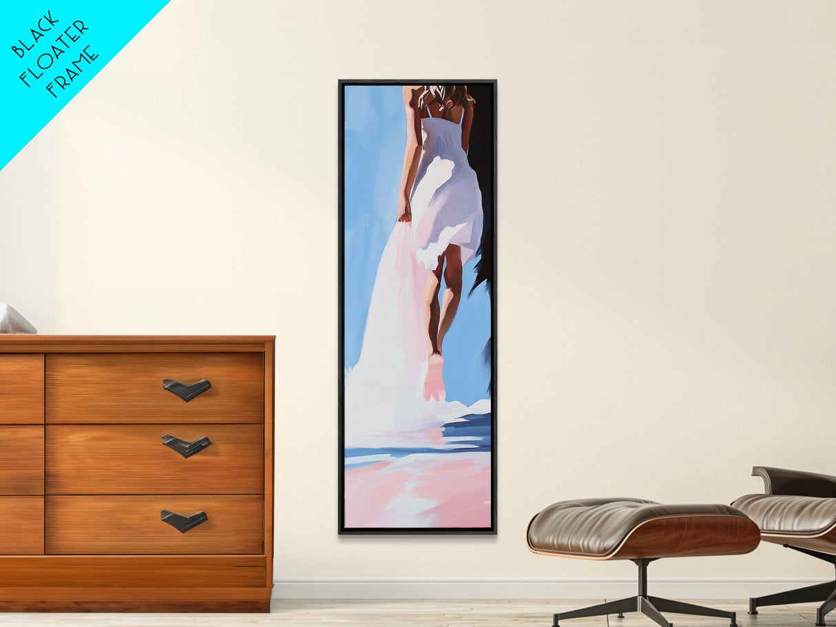 Woman in White, Elegant Beach Art, Dreamy Seaside Scene, Romantic Coastal Decor, Soft Aesthetic, Bedroom Wall Art, Framed Canvas Print