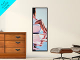 Sunlit Poolside, Elegant Woman Art, Minimalist Feminine Decor, Summer Painting, Warm and Serene Aesthetic, Framed Canvas Print