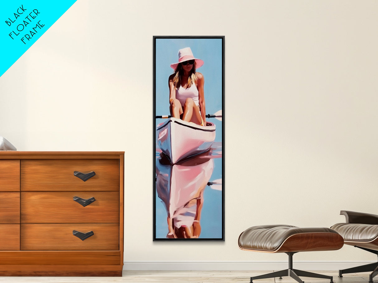 Woman in Kayak, Summer Adventure Art, Coastal Minimalist Painting, Ocean Escape Decor, Outdoor Lover Gift, Framed Canvas Print