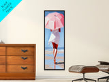 Woman with Umbrella, Summer Vibes, Framed Canvas Print, Coastal Minimalist, Soft Pastel Art, Relaxing Wall Art, Living Room Decor