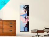 Lakeside Serenity, Moody Nature, Framed Canvas Print, Contemporary Wall Art, Blue and Pink Painting, Living Room Wall Art