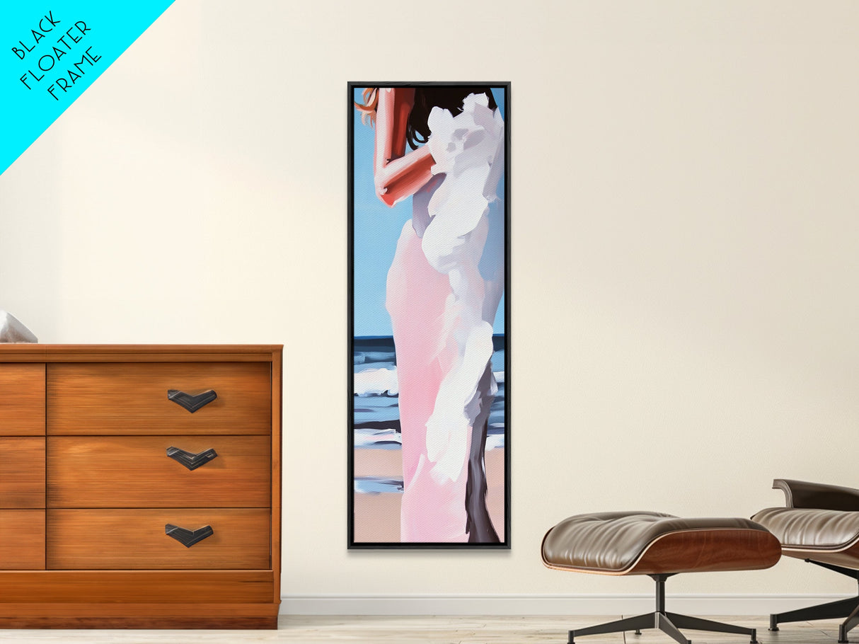 Beach Bride, Ocean Fashion, Elegant Woman, Framed Canvas Print, Coastal Wall Art, Soft Feminine Aesthetic, Living Room Wall Art