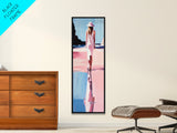 Woman in White, Beach Walk, Elegant Minimalist Art, Framed Canvas Print, Feminine Aesthetic, Living Room Art, Pastel Color Palette