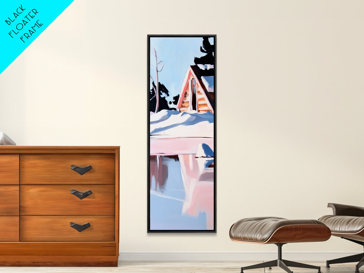 Winter Cabin, Snowy Reflections, Framed Canvas Print, Cozy Rustic Wall Art, Nordic Aesthetic, Minimalist Landscape, Bedroom Decor