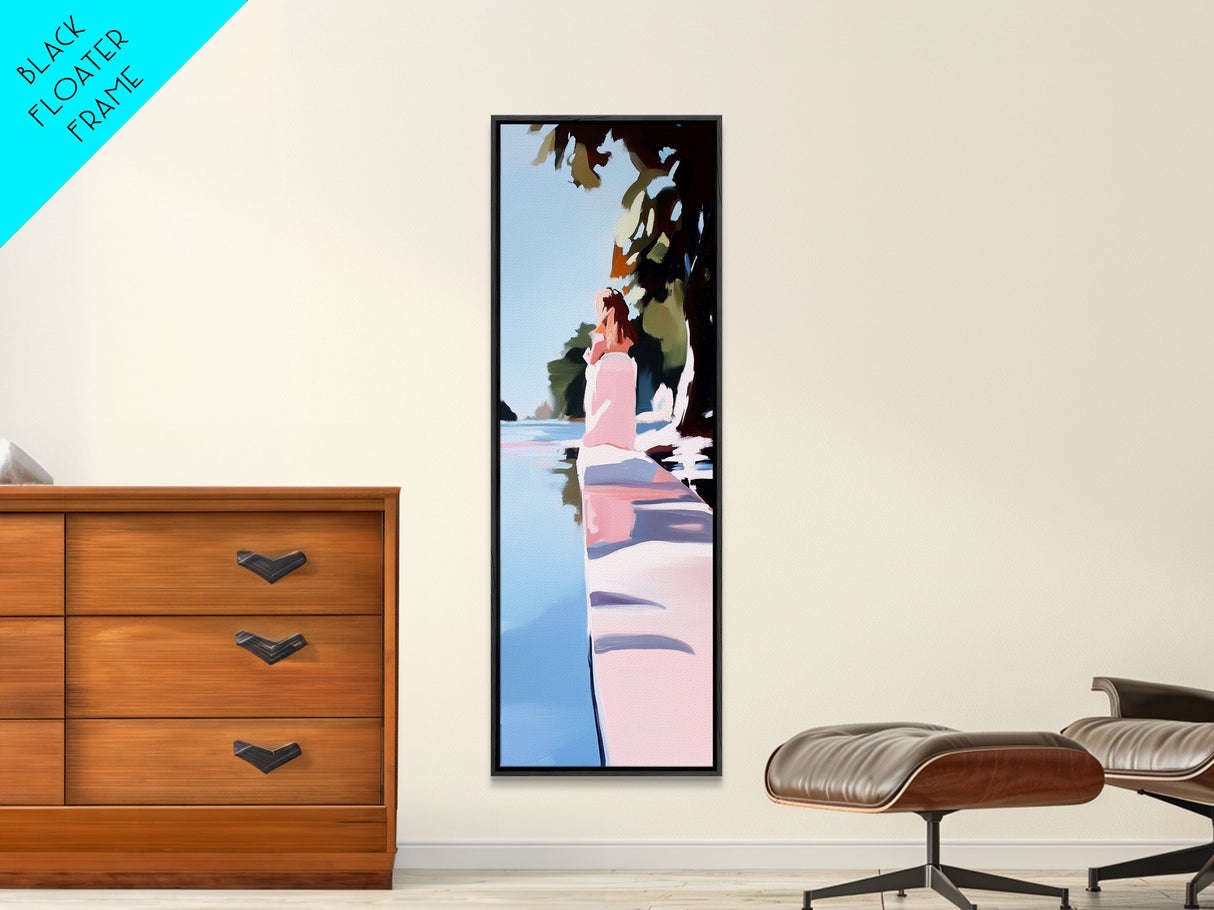 Woman by Water, Tranquil Scene, Framed Canvas Print, Serene Nature Art, Soft Pastel Aesthetic, Modern Minimalist, Dreamy Wall Decor