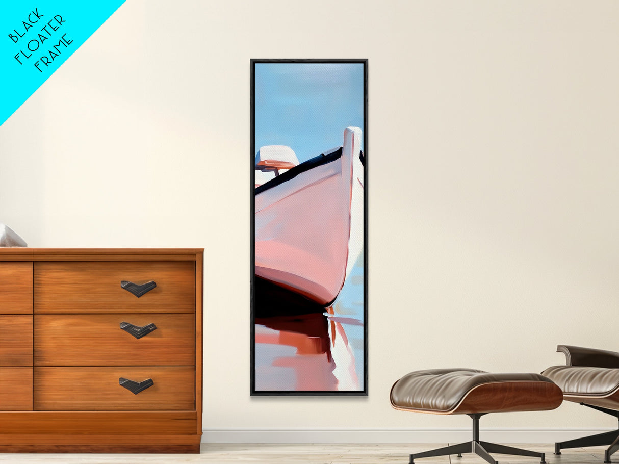 Nautical Escape, Coastal Boat Painting, Soft Pastel Seascape, Beach House Wall Decor, Minimalist Art, Living Room Framed Canvas Print