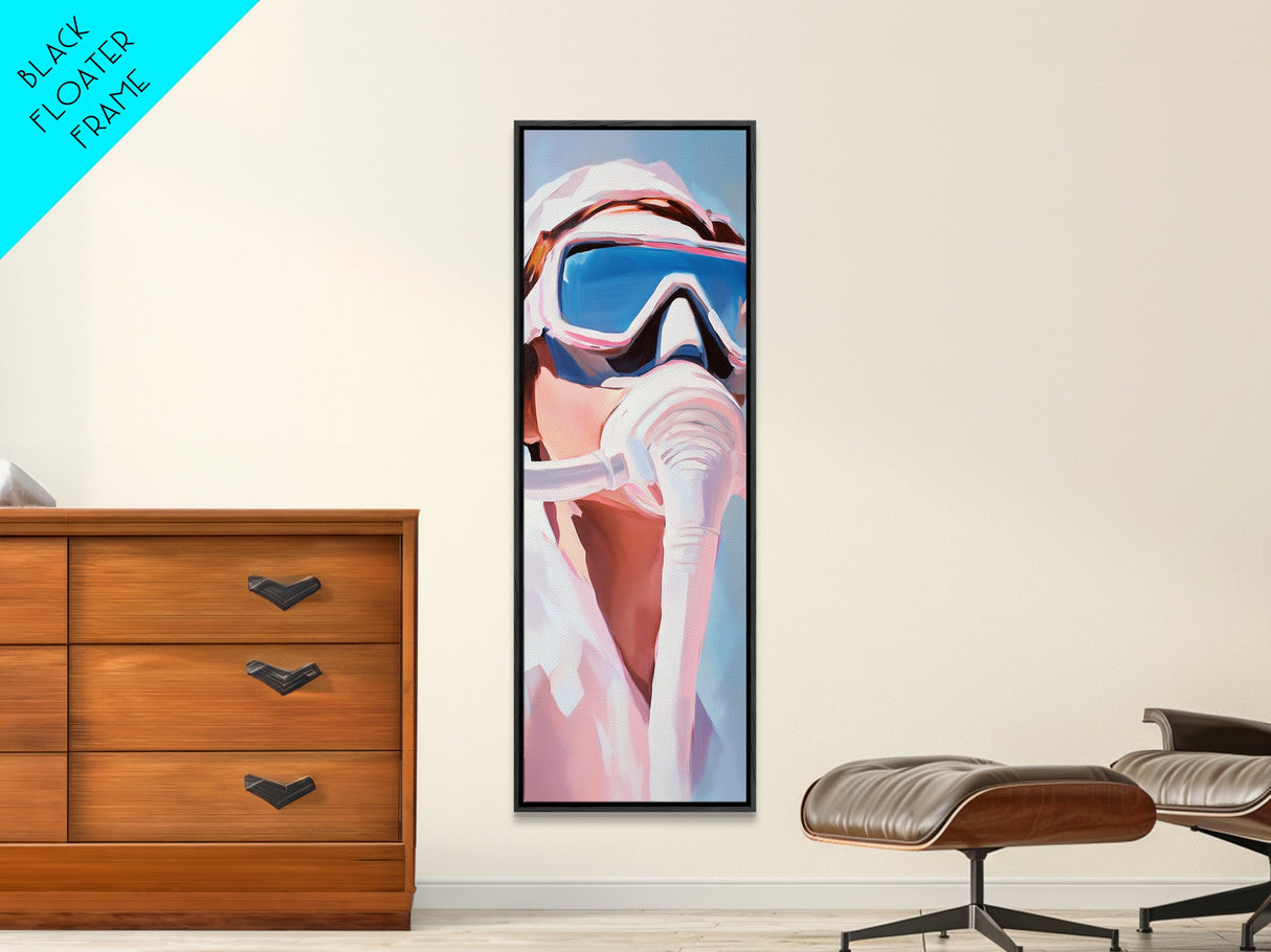 Gas Mask, Diver, Surrealist Art, Sci-Fi, Blue, White, Modern, Futuristic, Office, Living Room, Framed Canvas Print, Bedroom Art