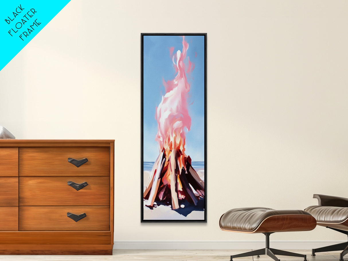 Beach Campfire, warm fall decor, rustic wilderness art, outdoor adventure painting, cozy cabin vibes, framed canvas print