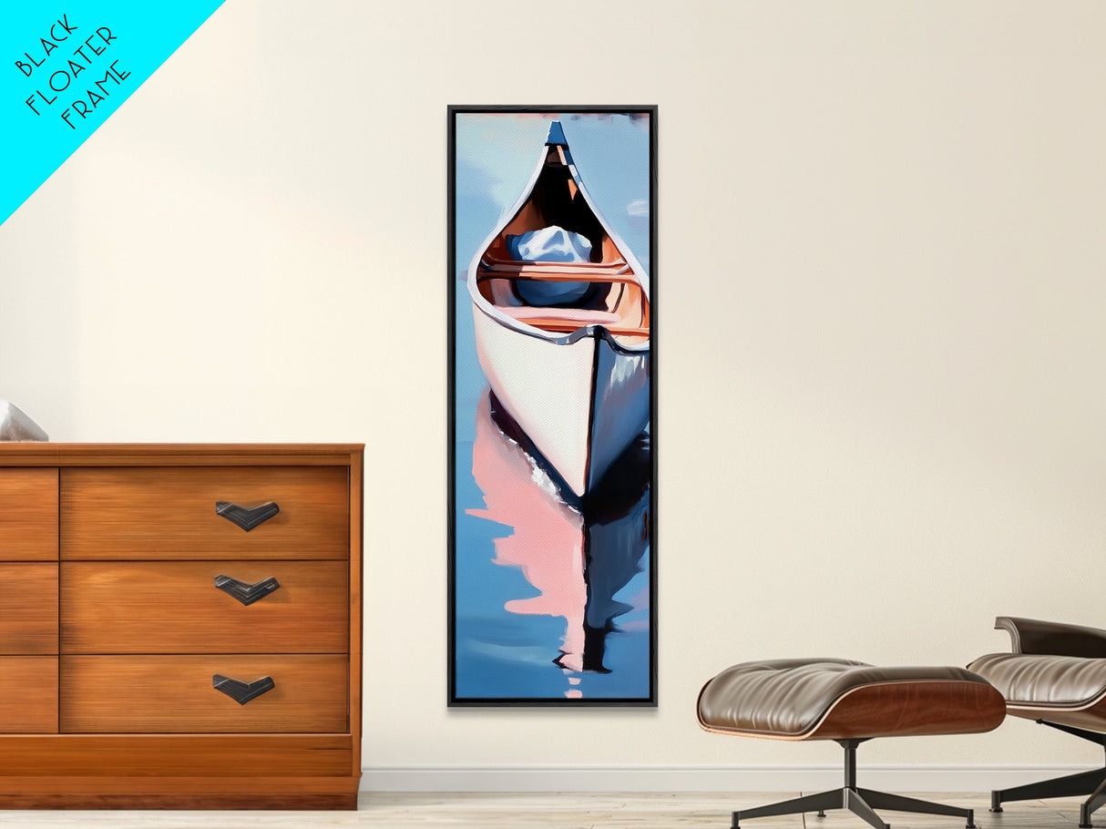 Canoe on Water, peaceful lake scene, wilderness art, adventure painting, modern minimalism, nature lover’s decor, framed canvas print