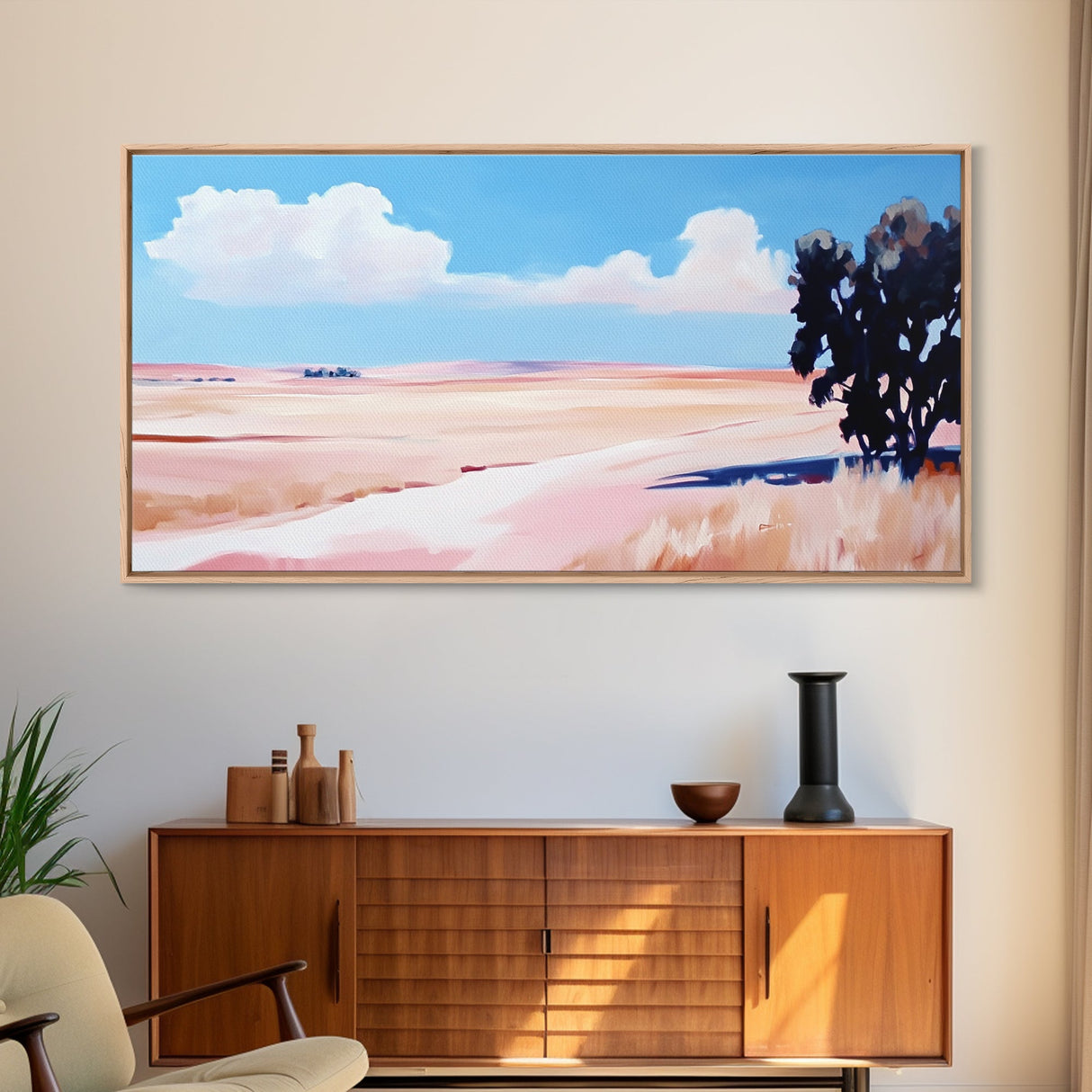 Golden Field Landscape, Warm Summer Painting, Minimalist Nature Print, Scenic Country Art, Rustic Home Decor, Framed Canvas Print