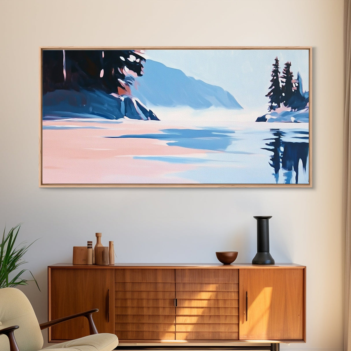 Mountain Lake, Peaceful Nature Art, Minimalist Alpine Landscape, Framed Canvas Print, Cabin Wall Decor, Calm Winter Aesthetic.