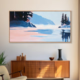 Mountain Lake, Peaceful Nature Art, Minimalist Alpine Landscape, Framed Canvas Print, Cabin Wall Decor, Calm Winter Aesthetic.