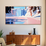 Winter Waterfall, Frozen River, Snowy Landscape, Framed Canvas Print, Minimalist Art, Living Room Wall Art, Nature Scene, Icy Blue