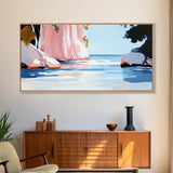 Pink Waterfall, Abstract Landscape, Minimalist Art, Coastal Wall Decor, Living Room Art, Framed Canvas Print, Nature-Inspired Home Art