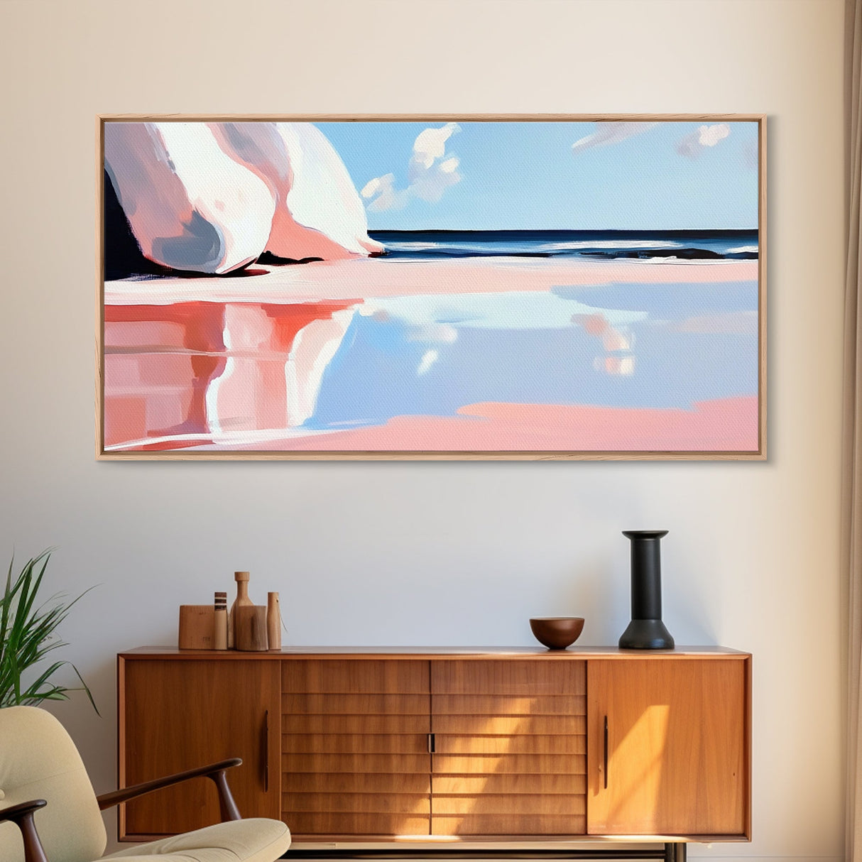 Pink Waves, Coastal Reflection, Ocean Art, Seascape Wall Decor, Bedroom Wall Art, Framed Canvas Print, Minimalist Beach Scene, Soft Pastels