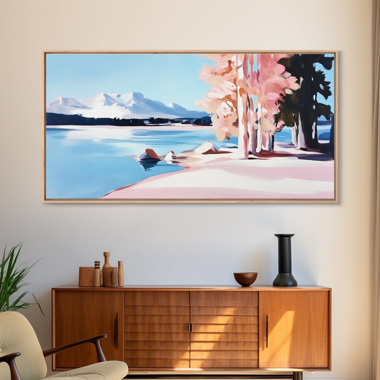 Mountain Lake, Pink Trees, Nature Art, Canvas Print, Cabin Wall Decor, Living Room Landscape, Winter Painting, Minimalist Nature Art