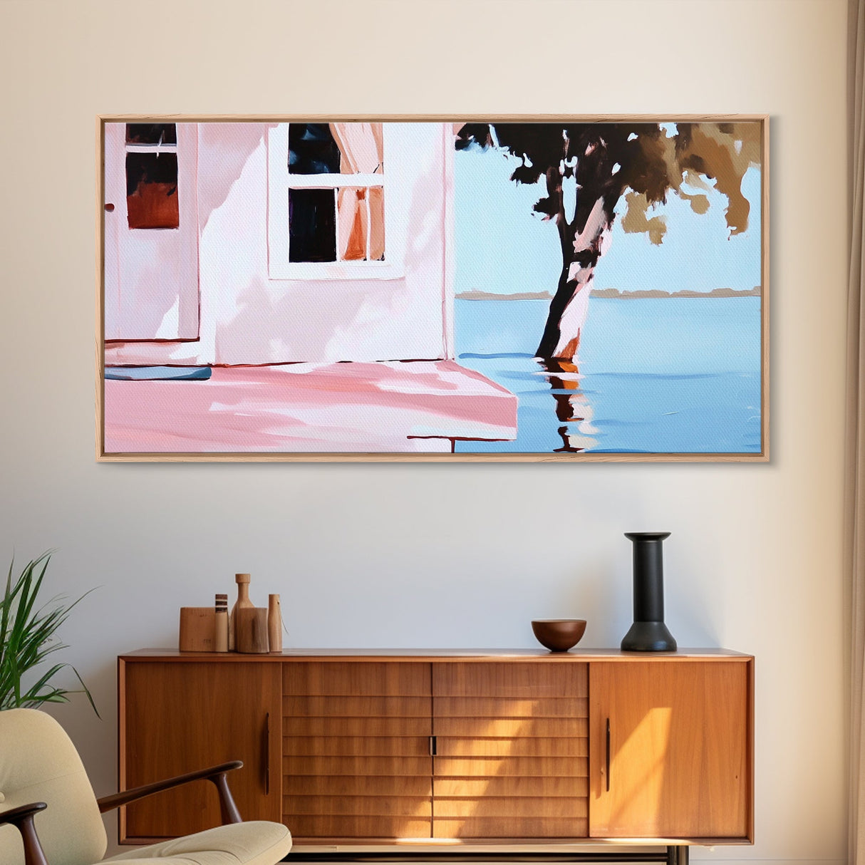 Lake House, Nature Reflection, Peaceful Retreat, Summer Serenity, Framed Canvas Print, Living Room Wall Art, Rustic Home Decor, Pastel